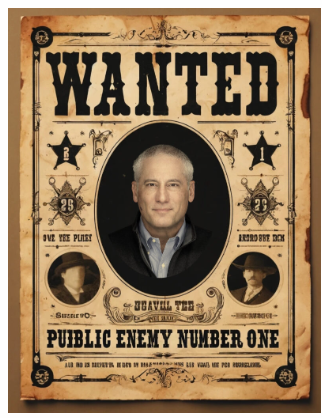 Wanted poster featuring Sovereign's CEO to illustrate Chuck Fialla's podcast on how Private Equity can be the enemy of RIAs